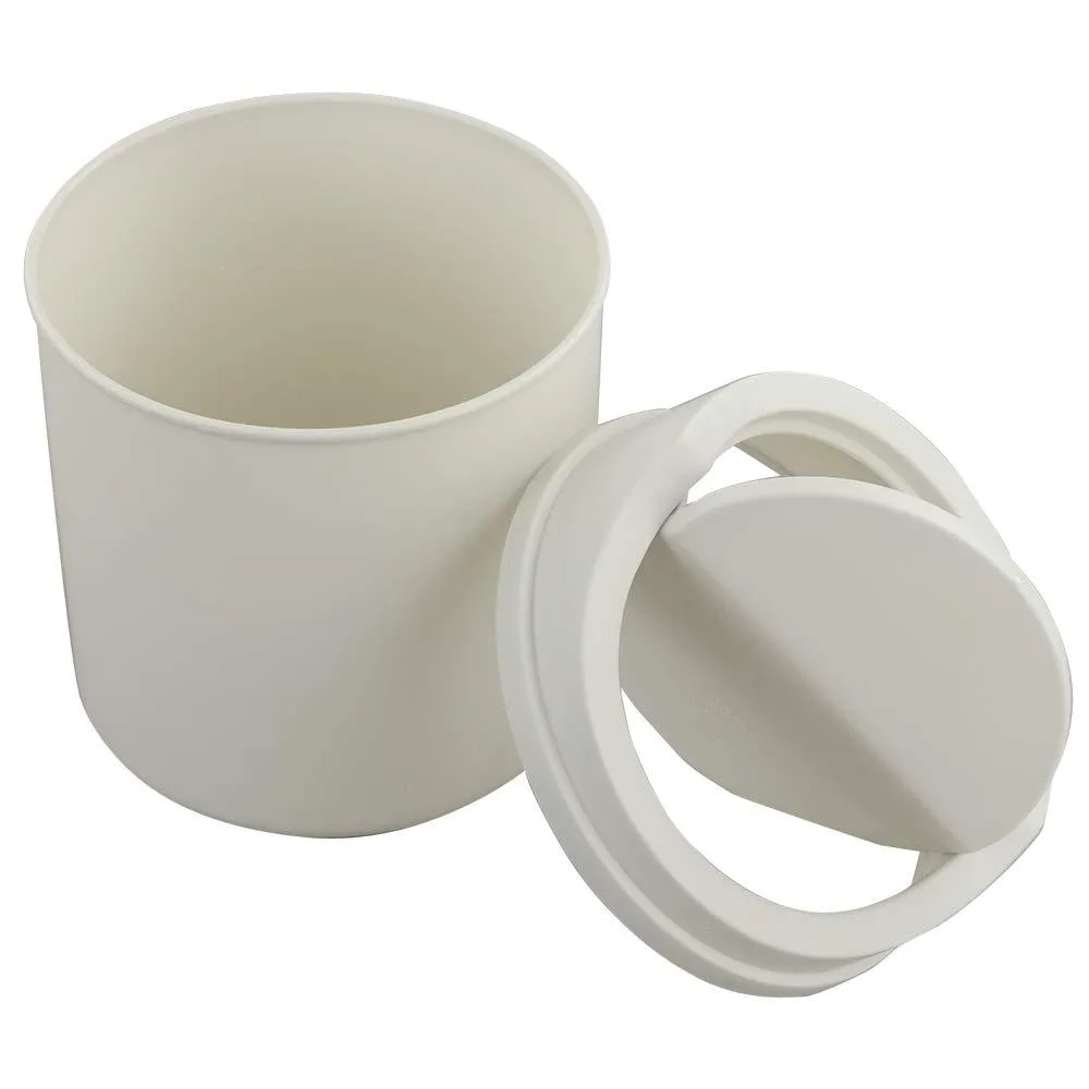 White plastic mini trash can with swing lid, 5.3 in diameter, 6.7 in tall, 12 pack