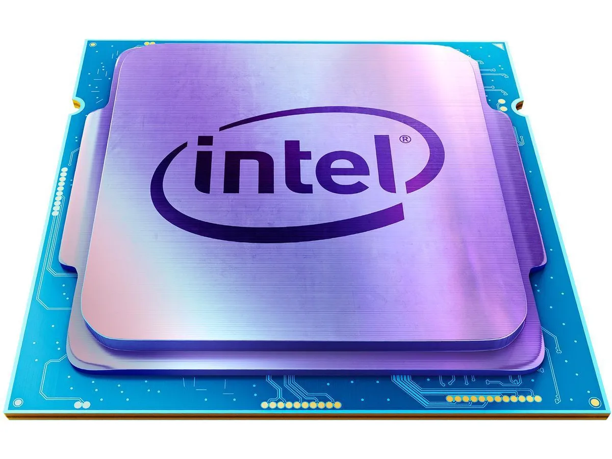 Green rectangular desktop processor with gold contacts and silver heat spreader, LGA 1200 socket form factor