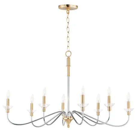 Eight-light chandelier with polished chrome and satin brass finish, glass bobeches, transparent glass elements