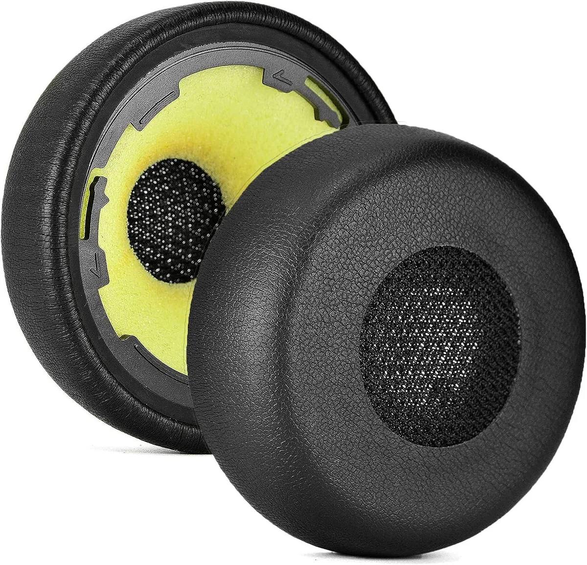 Pair of black oval ear cushions with plastic clips