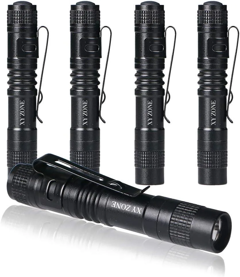 Five slim penlights with pocket clips standing upright