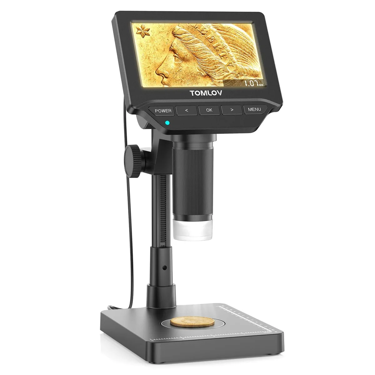 Black digital microscope with 4.3 inch IPS screen and built-in weighing scale on tall adjustable stand