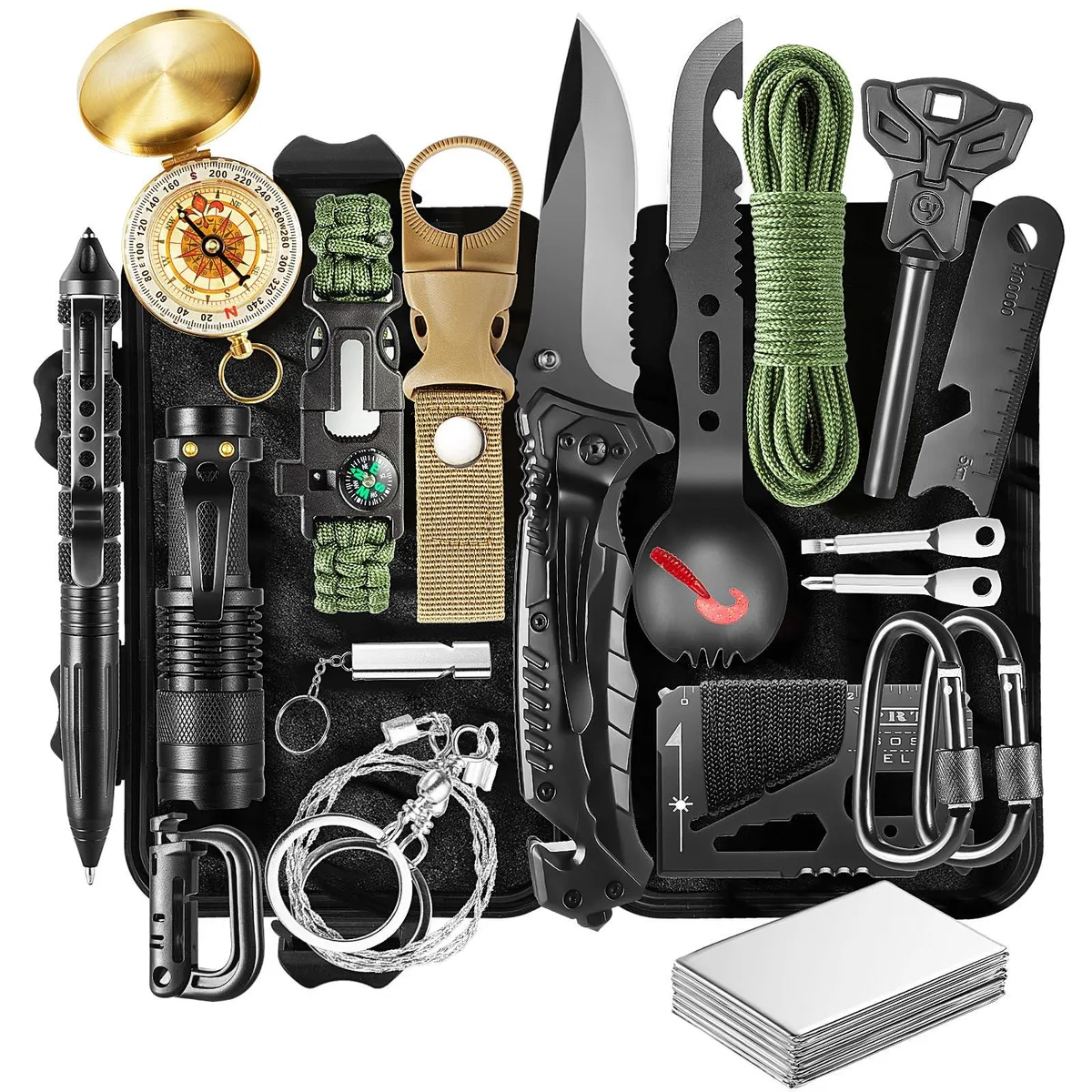 Black rectangular survival kit case, compact foam-lined interior, 20 tools inside