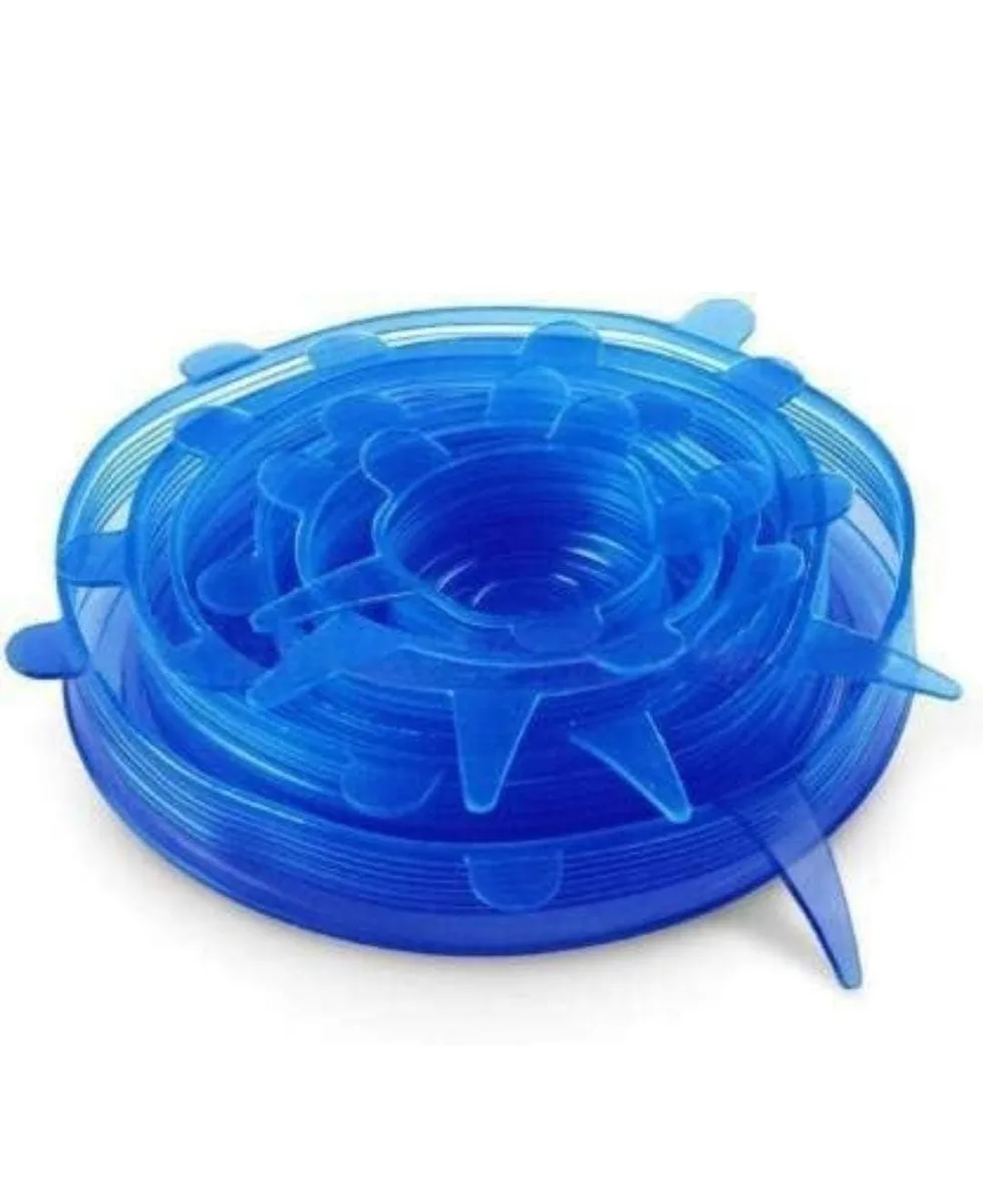 Six round silicone stretch lids in assorted colours, nested together