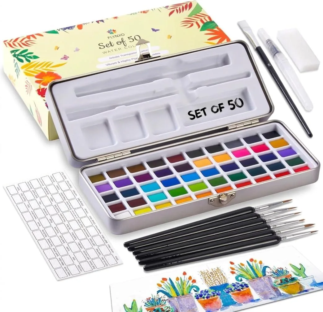 Flynxo Professional Watercolor Paint Set 50 Colors Metal Case Kit — product photo
