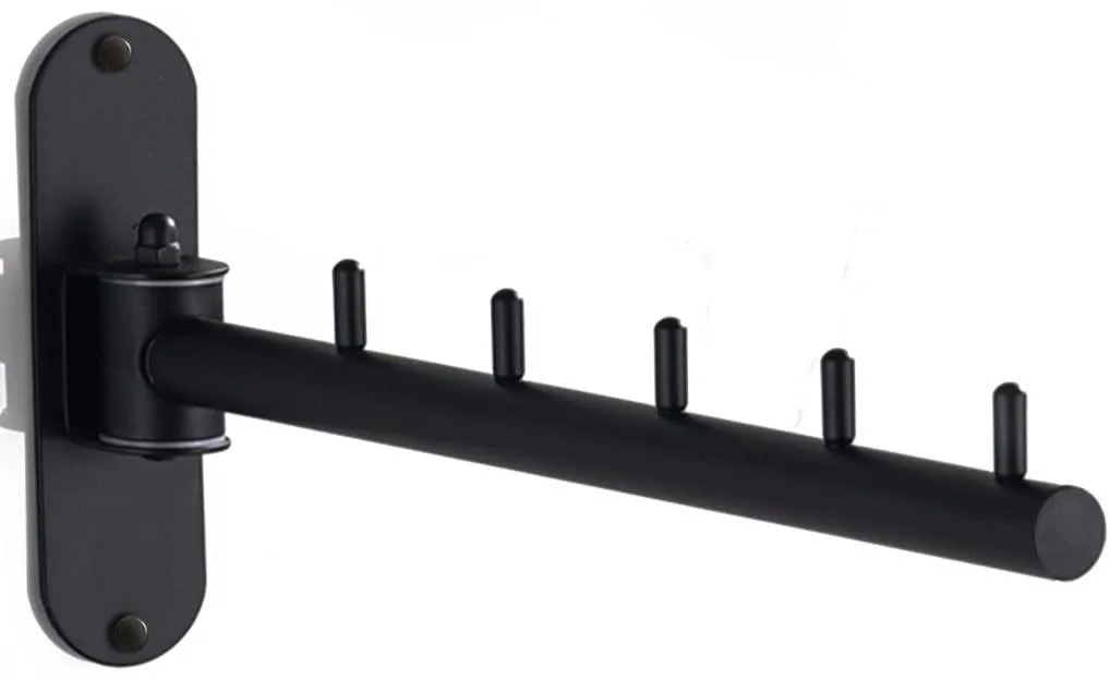 Black stainless steel wall-mounted folding hanger rack with 180° swing arm and five hooks
