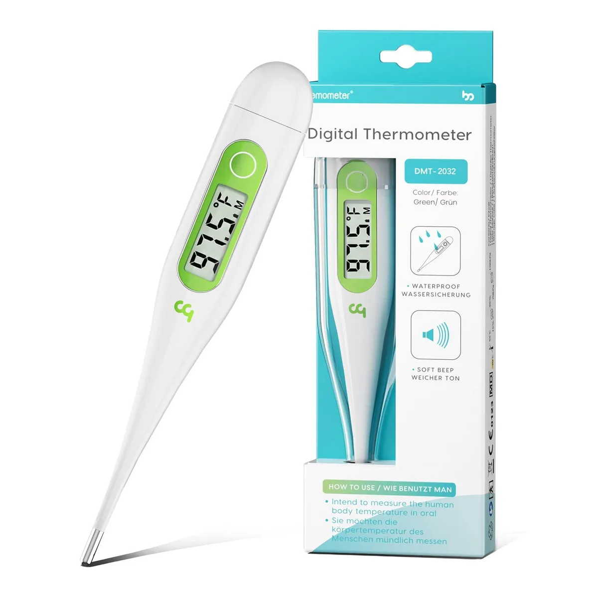 Green digital thermometer with LCD display and waterproof tip in storage case
