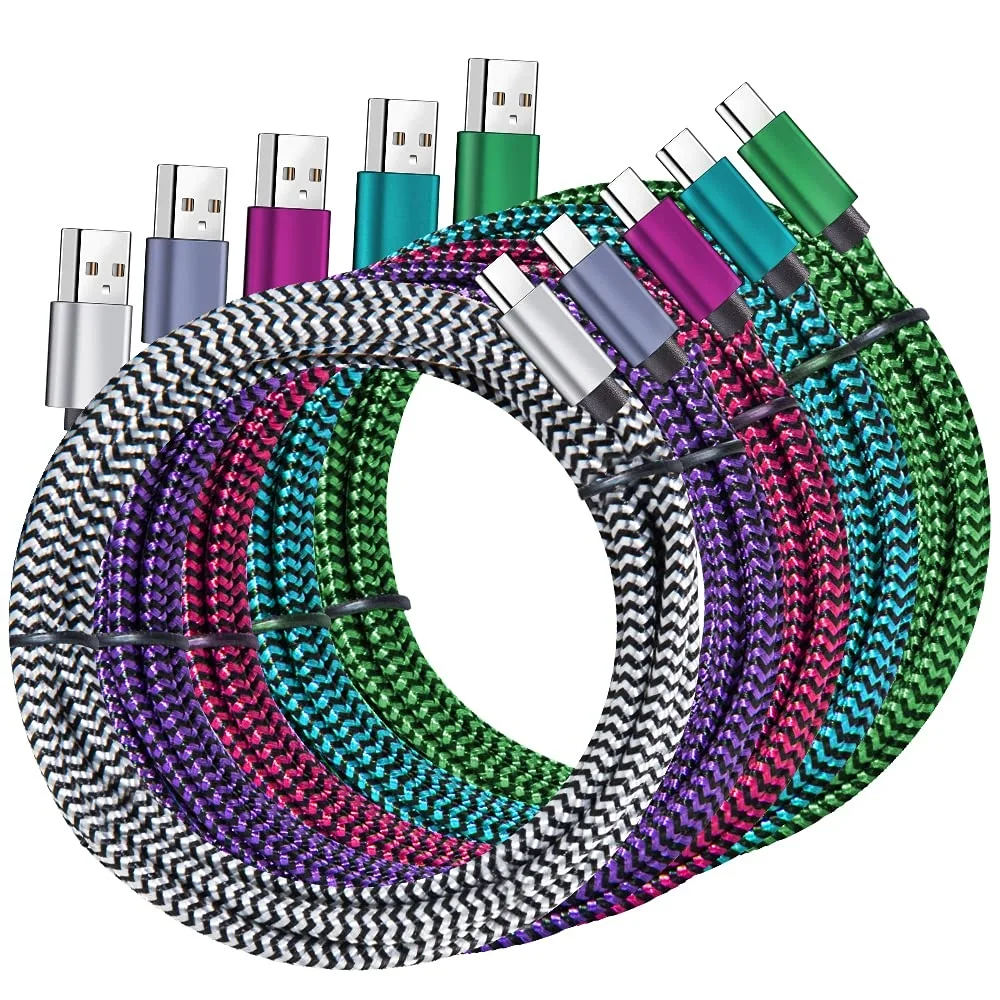 PISKEKAT PISKEKAT USB-C to USB-A 2.0 Cable 5-Pack 6FT Nylon Braided 3A 480Mbps 10000+ Bends — product photo