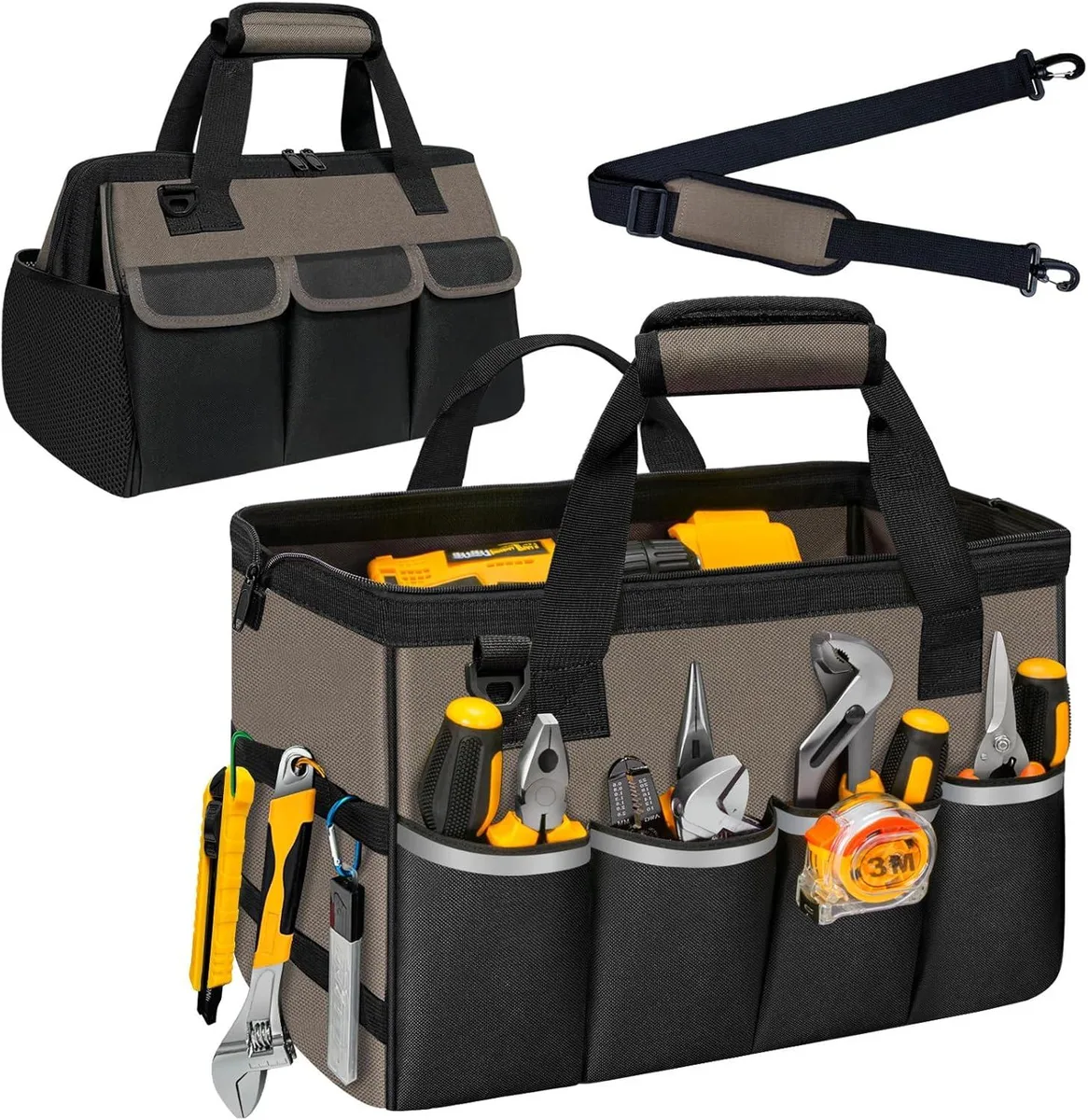 Coffee and black tool storage bag with 14 pockets, wide mouth, reflective strips, padded handles, adjustable shoulder strap