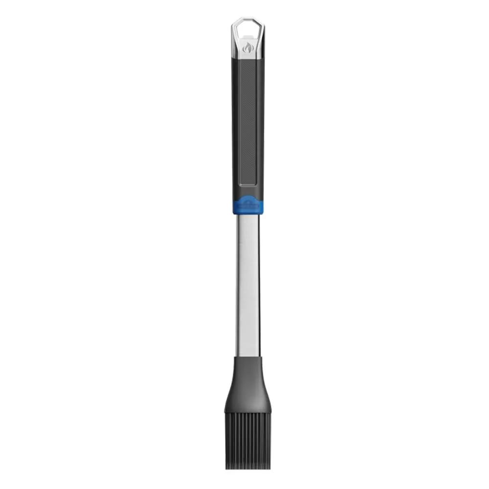 Black silicone basting brush with textured handle and metal loop bottle opener