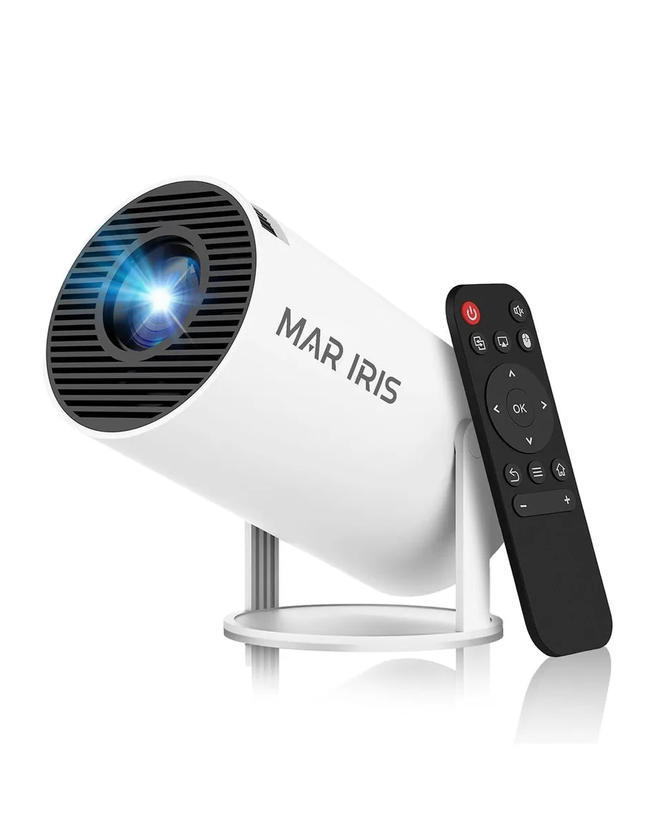 Compact white DLP projector with 180° rotatable lens, built-in speaker and remote control