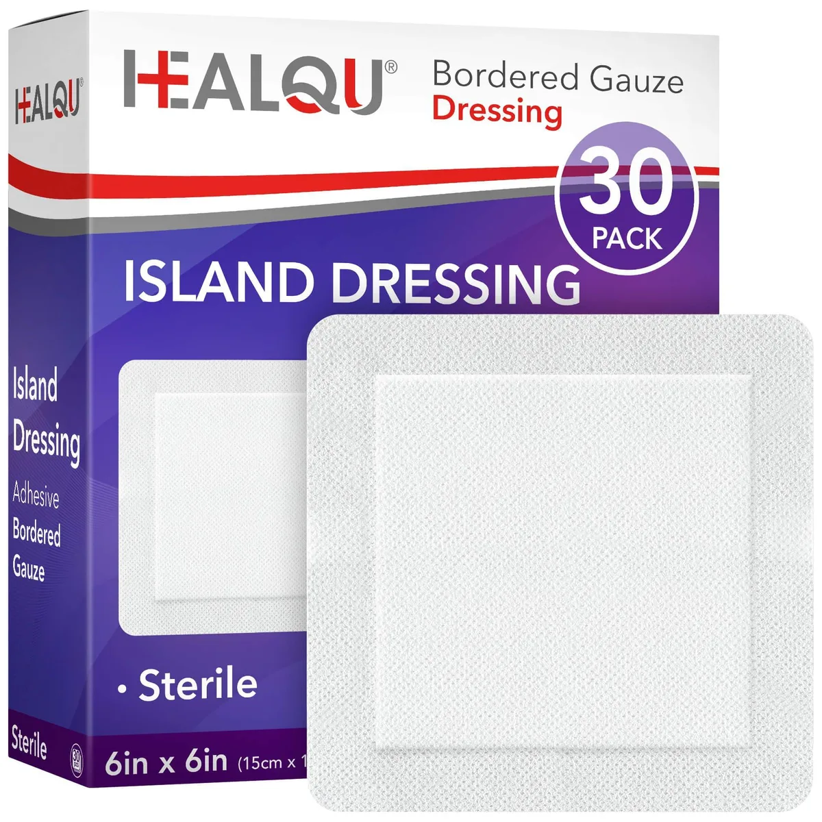 White sterile island dressing pads in individual packets box of 30
