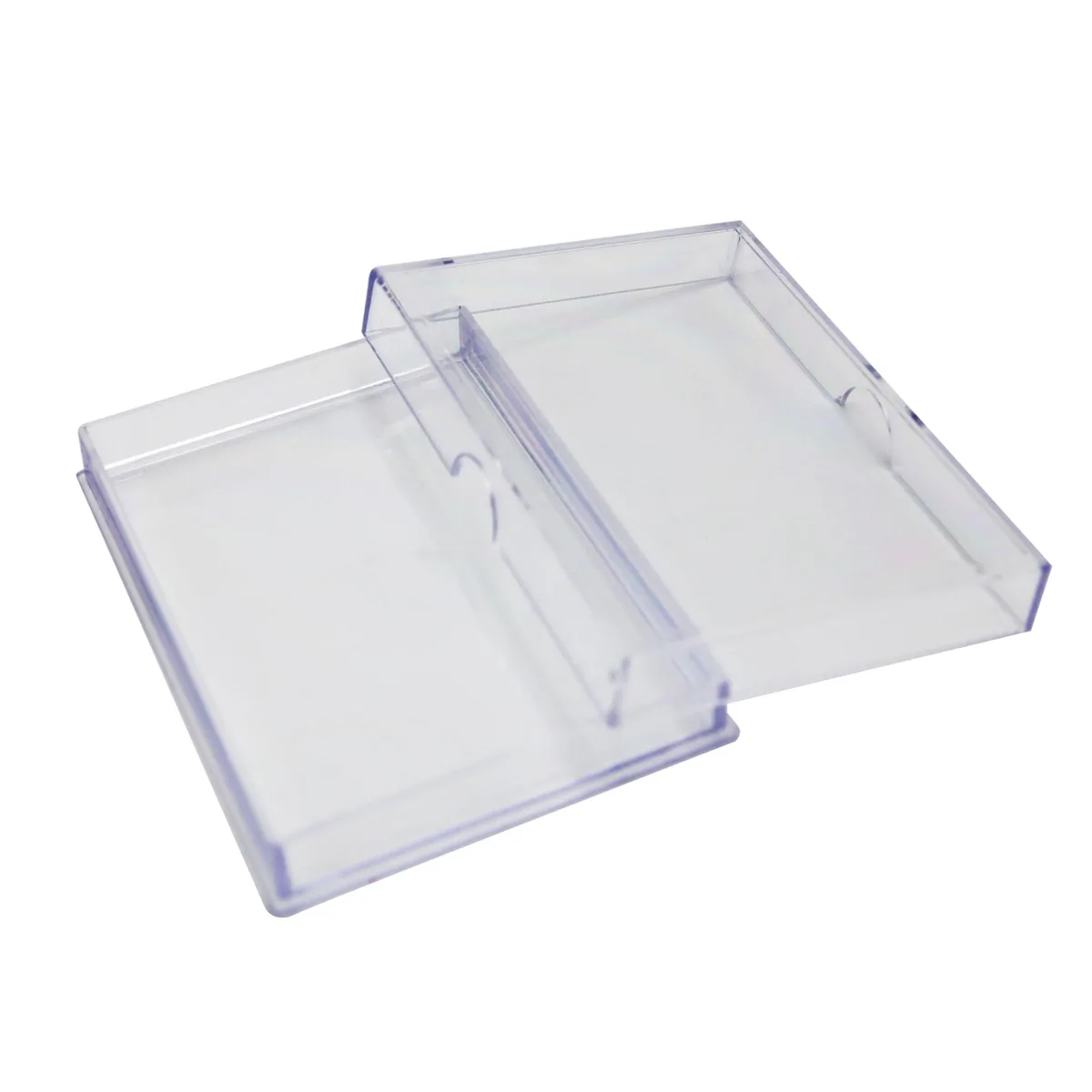 Ten clear acrylic card boxes with lift-off lids, rectangular, stackable