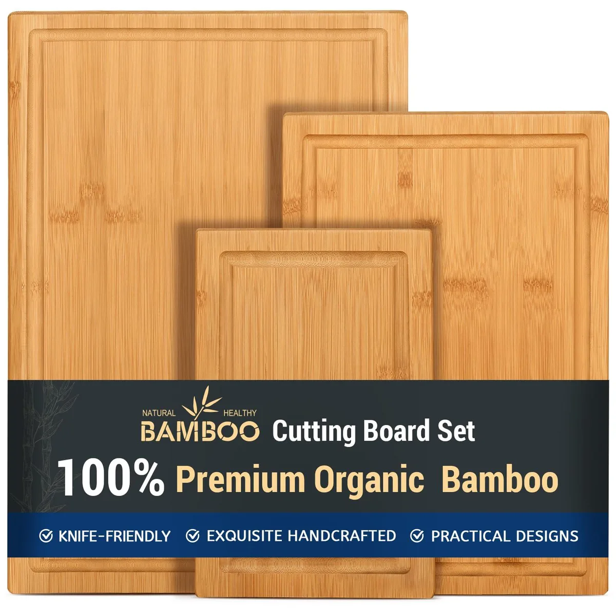  HIWARE 3-Piece Bamboo Cutting Board Set 15 12 9 in — product photo