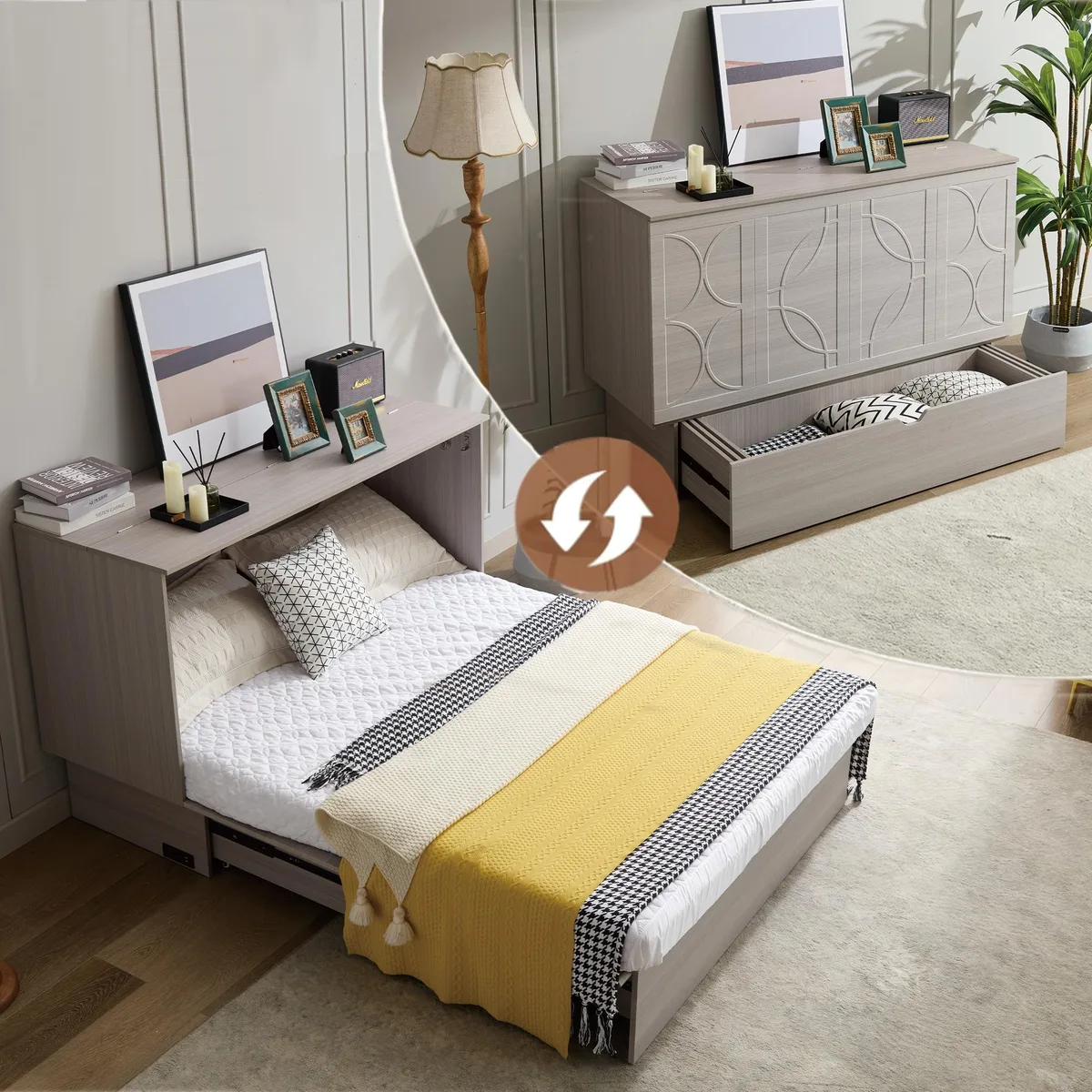 Gray wooden cabinet bed folded with USB ports visible