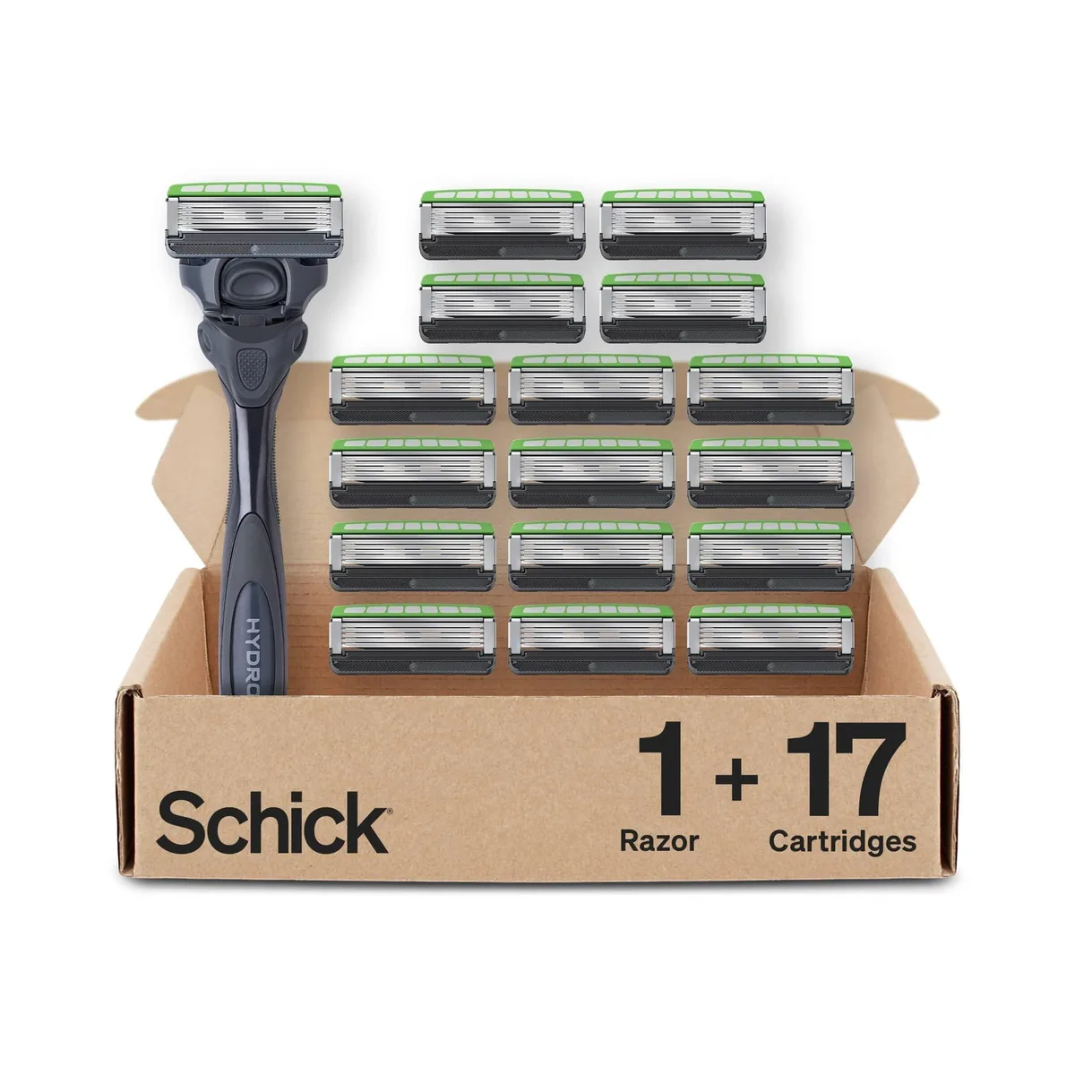 Black plastic razor handle with five-blade cartridge and flip-back trimmer, seventeen refill cartridges included