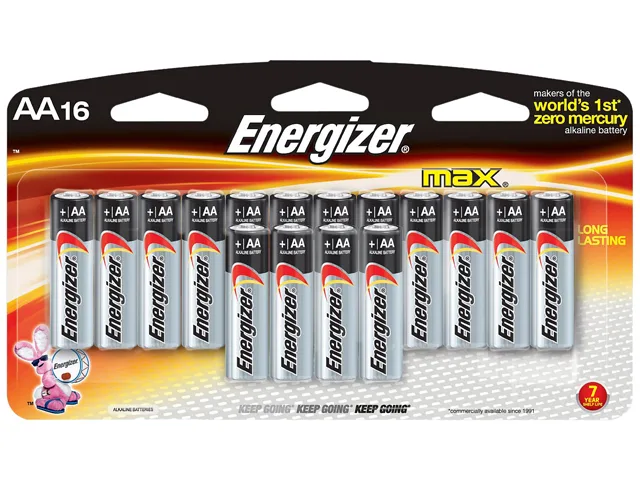 Cardboard blister pack holding sixteen silver AA alkaline batteries in two rows