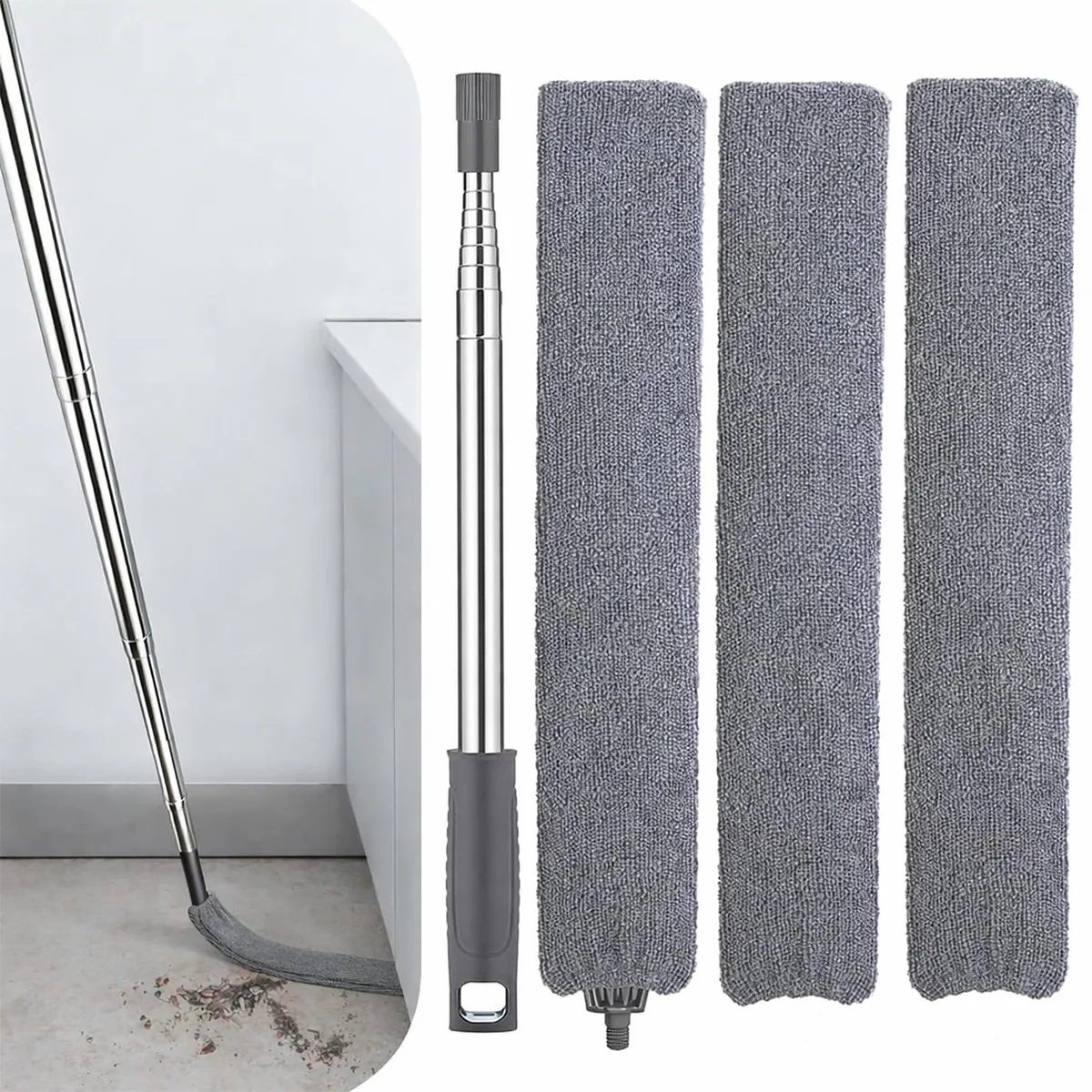 Metra retractable gap duster with extendable stainless steel pole and three microfiber cloths