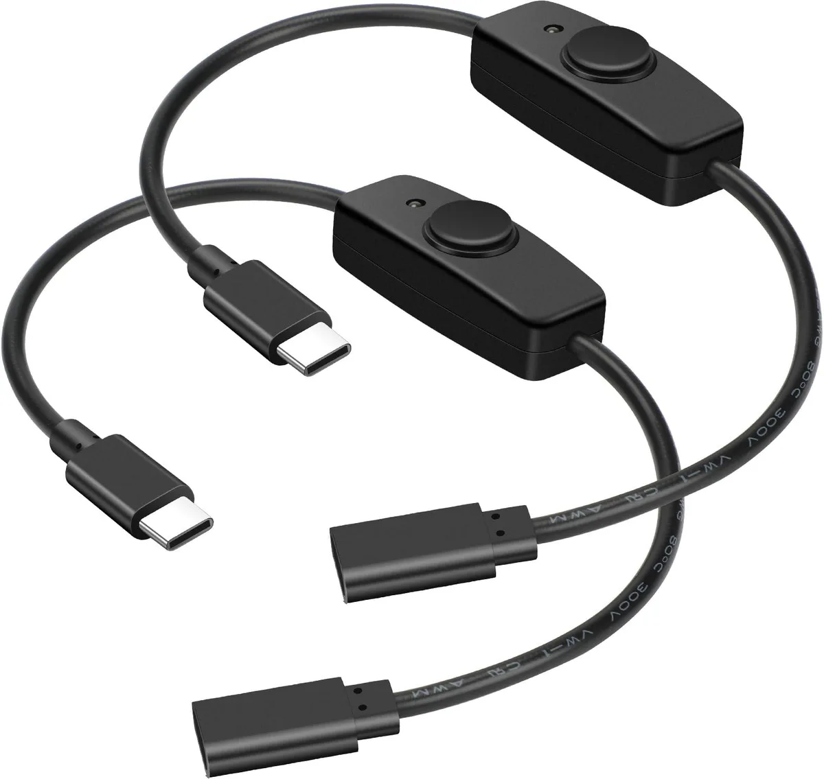 Two short USB-C extension cables with inline switches, male-to-female, matte black finish