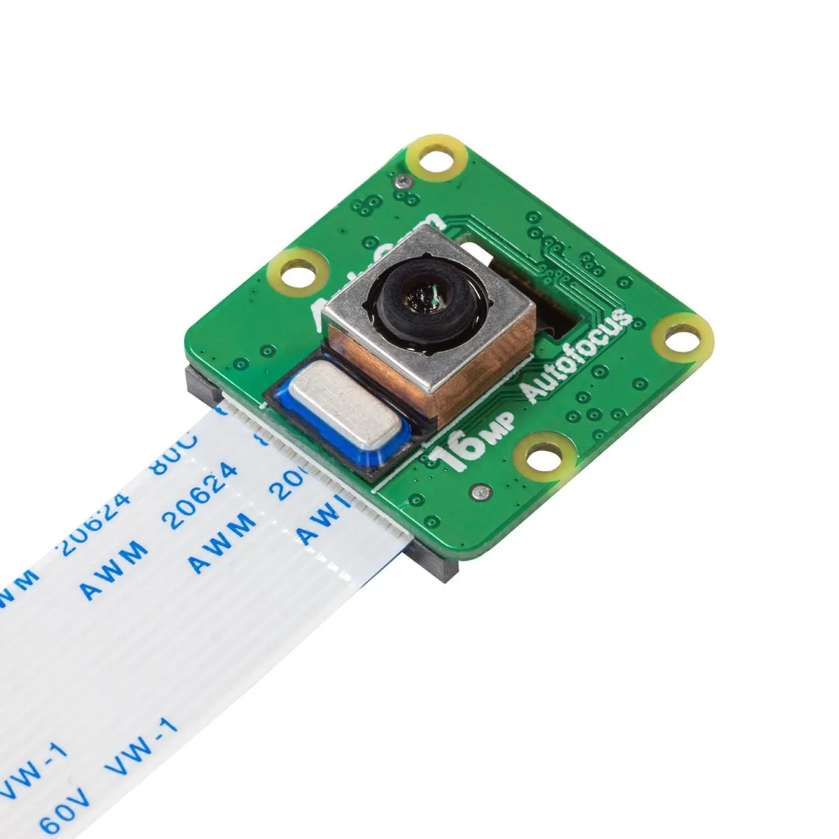 Small green circuit board with silver camera module and ribbon cable