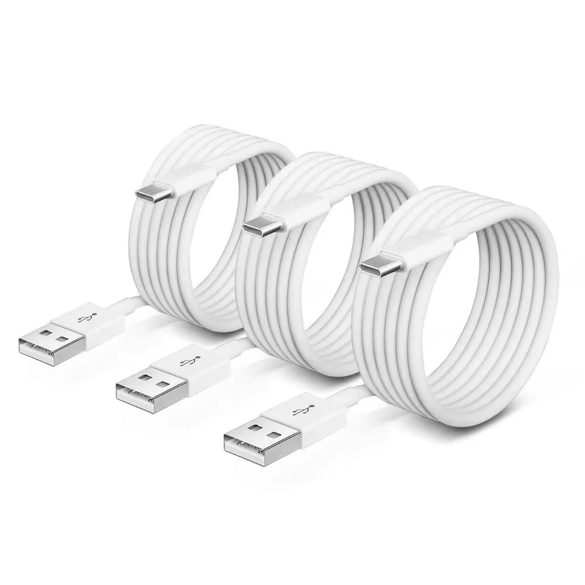 Three white USB-A to USB-C cables coiled together, 1.5 metre length