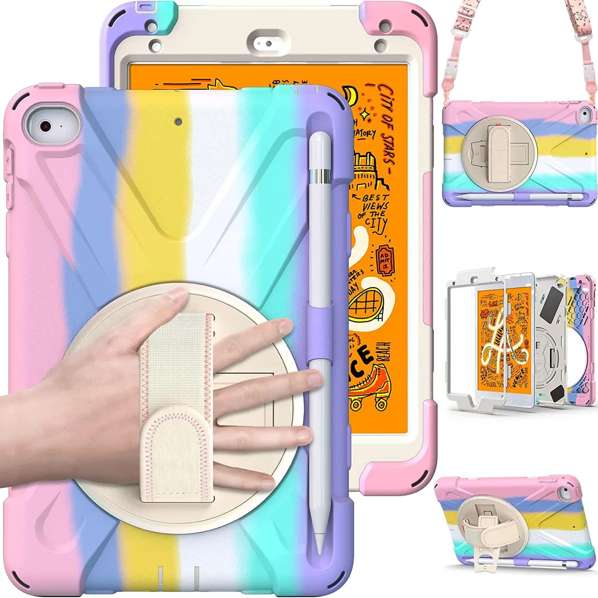 Werleo Werleo iPad Mini 4/5 7.9" Cover Case Pink/White 360 Kickstand Hand Strap Shoulder Strip — product photo