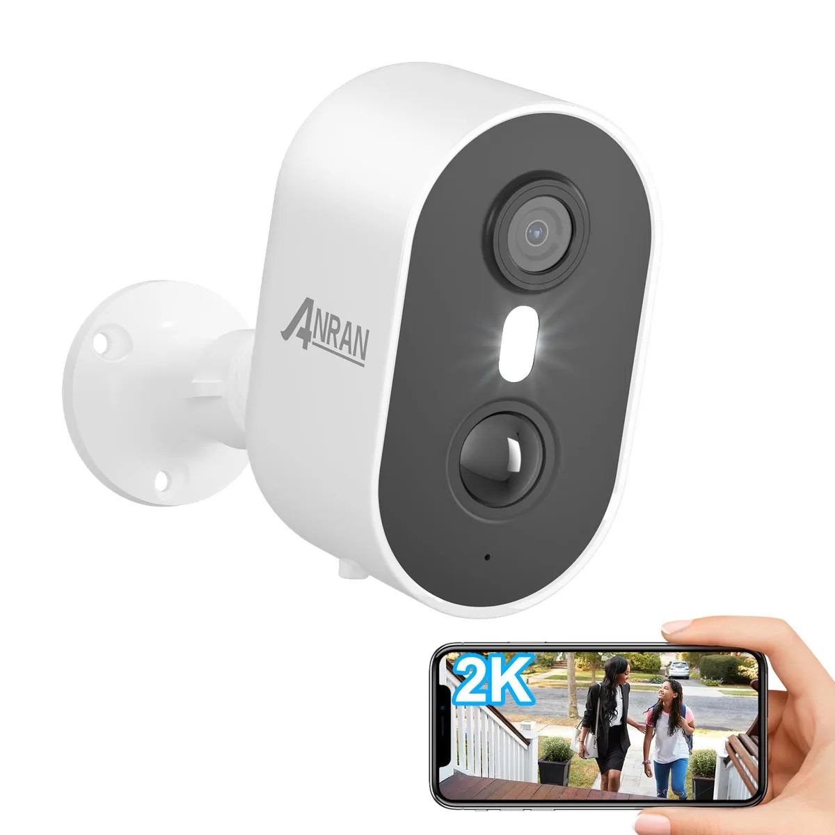 White cylindrical wireless security camera with wall mount bracket visible against plain background