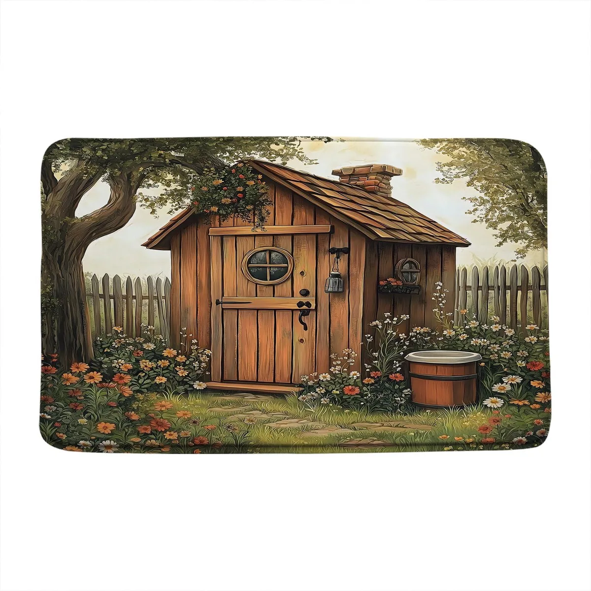 Rectangular beige bath rug 17.8 by 29.5 inch with vintage outhouse scene