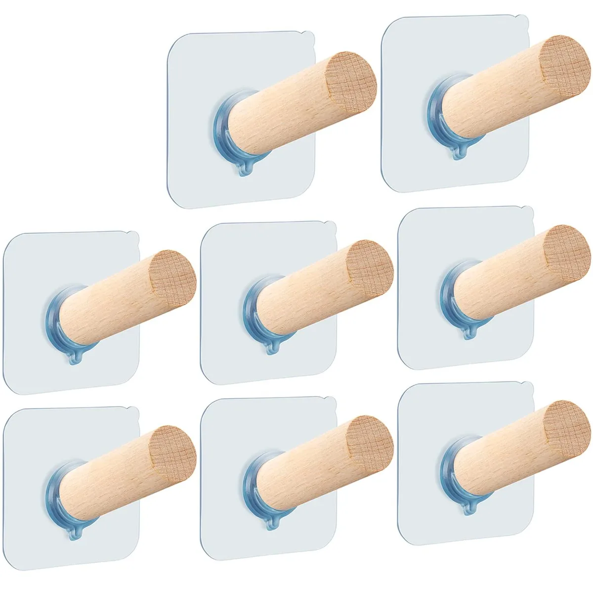 Eight wooden peg hooks on clear adhesive backing, 2.56 inch length