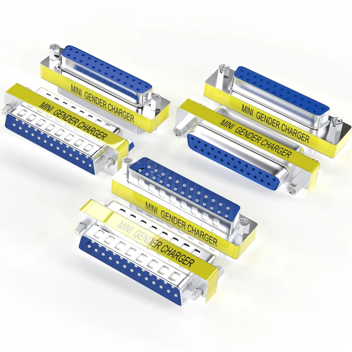 Six nickel-plated DB25 gender changers, three male-to-male and three female-to-female, compact rectangular form factor