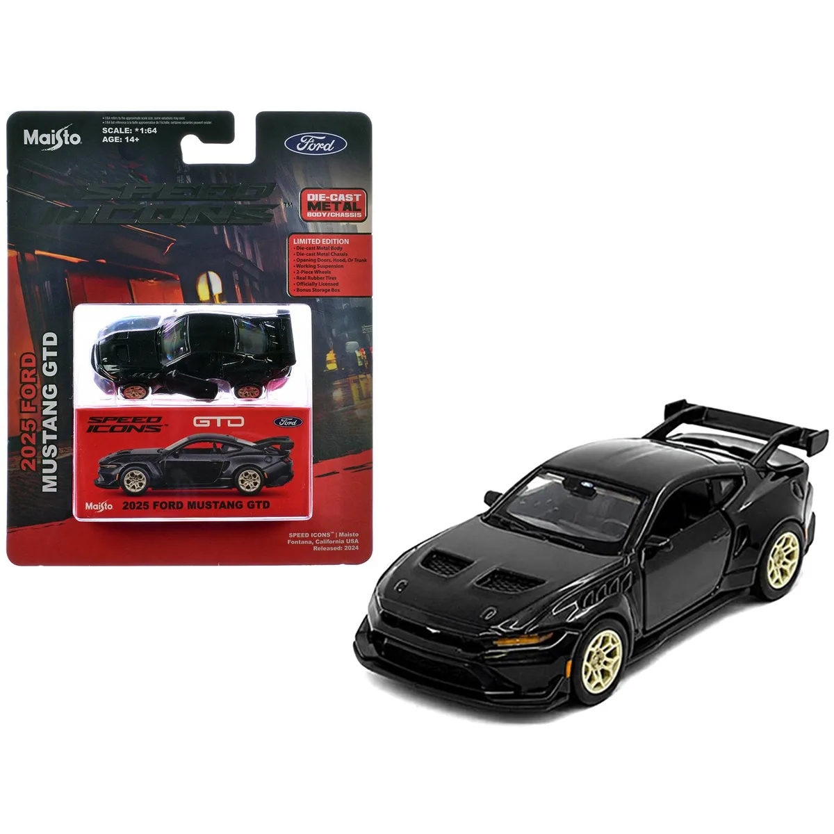 Maisto Maisto 2025 Ford Mustang GTD Black Metallic Speed Icons 1/64 Diecast Car — product photo