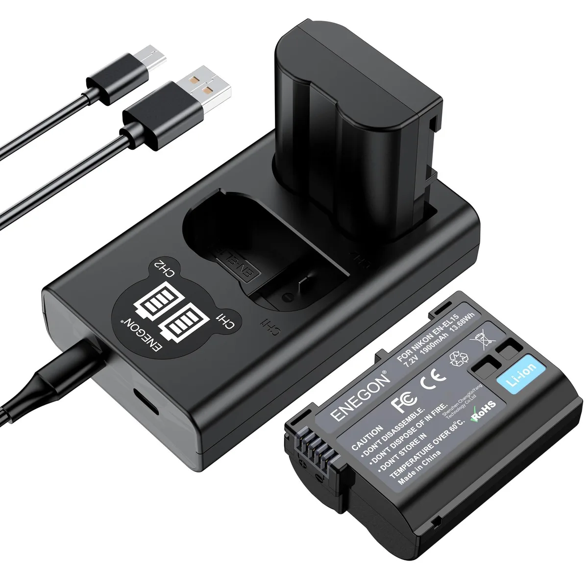 Two rectangular lithium-ion camera batteries and a compact dual-slot charger with LED display and USB-C plus Micro-USB ports