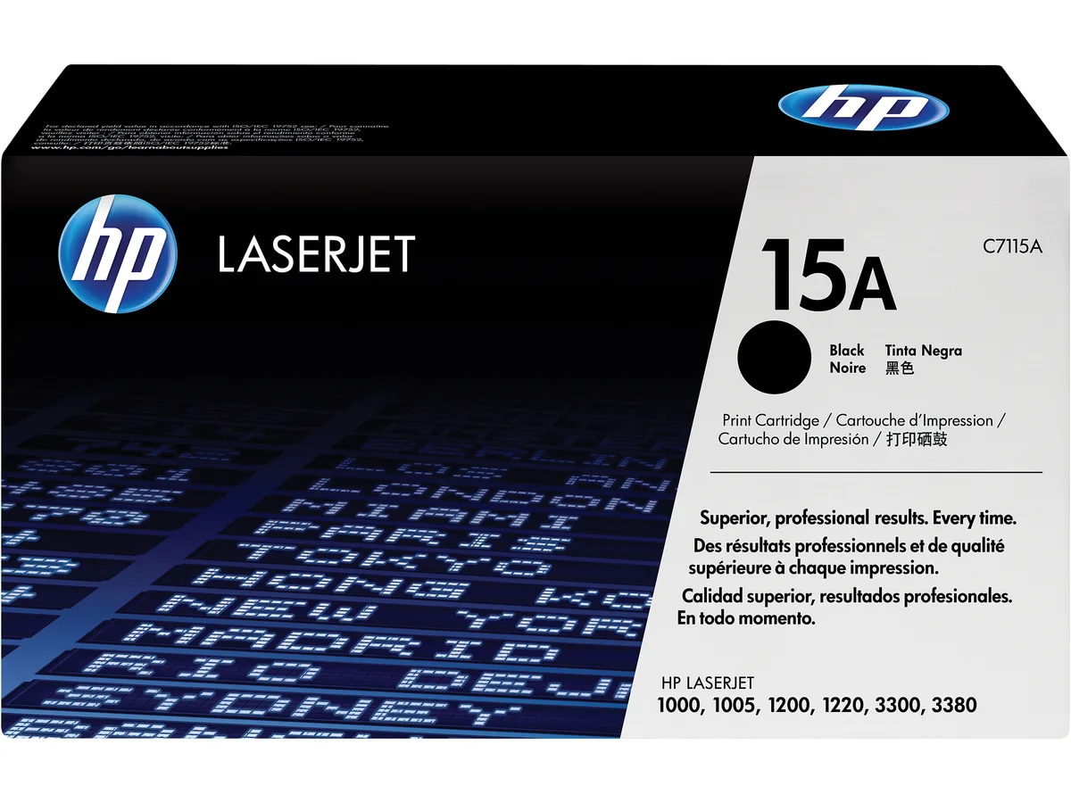 Rectangular black HP toner cartridge labelled C7115A 15A