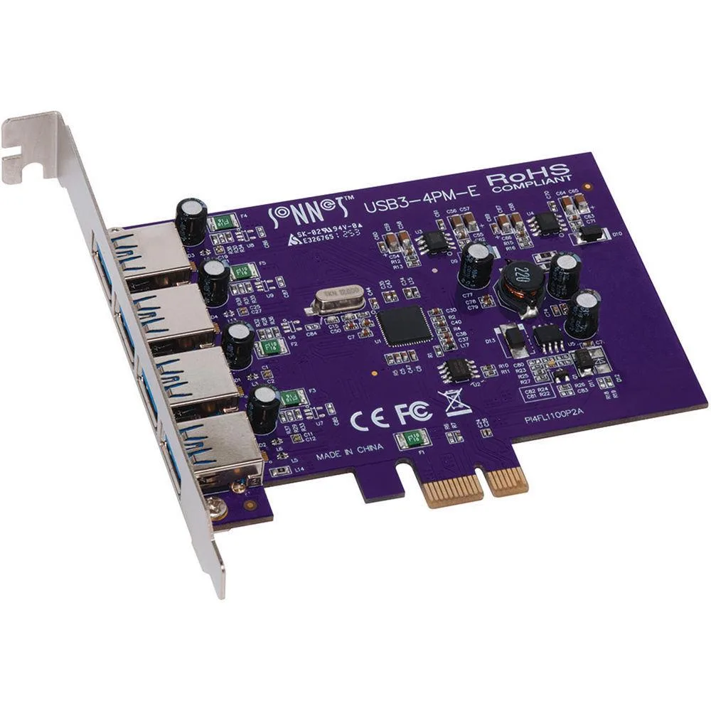 Silver PCI Express card with four blue USB 3.0 ports on a metal bracket