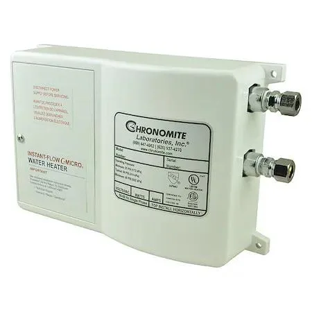 Compact white rectangular undersink tankless water heater with bottom inlet and outlet connections