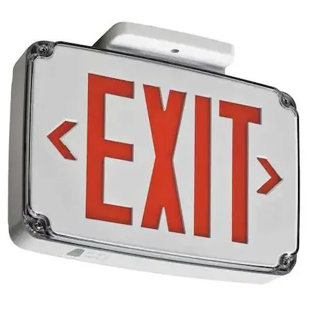 White thermoplastic exit sign, dual red LED faces, universal chevrons