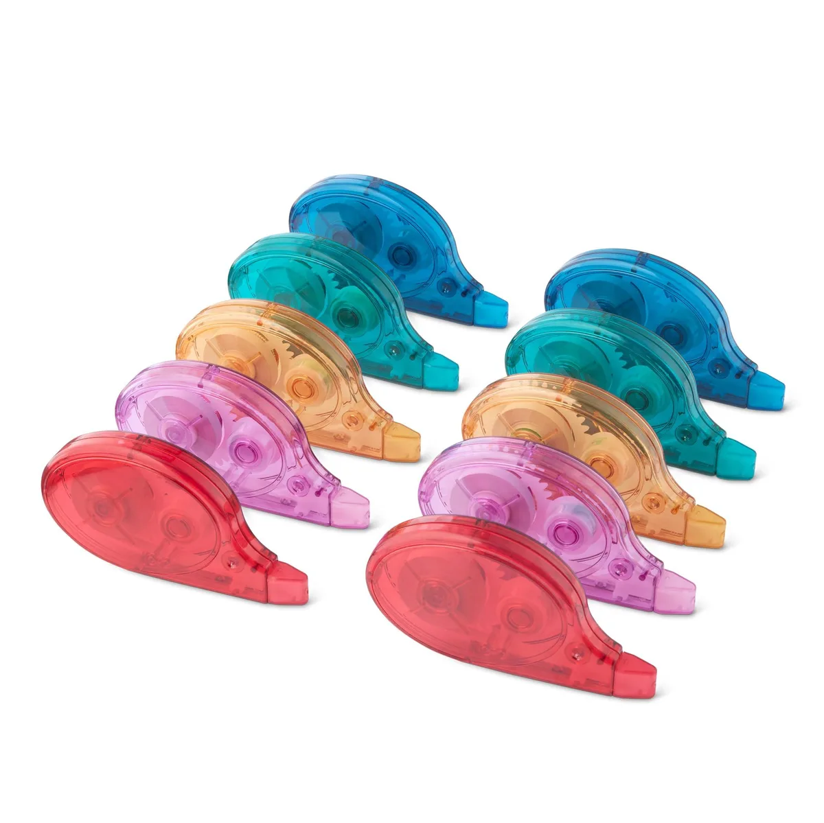 Ten coloured correction-tape dispensers in a pack
