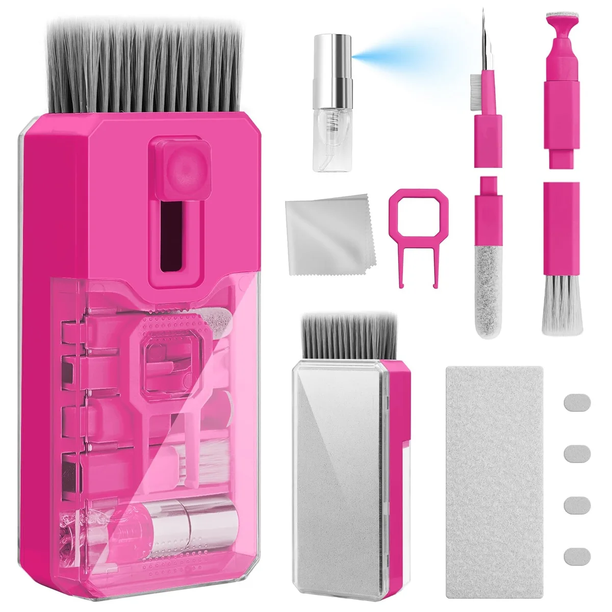 Compact hot pink cleaning kit with brushes cloths and pen tools in a small cube .141 kg