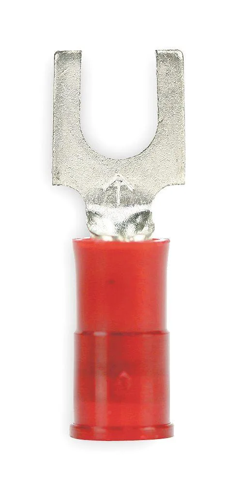 Red nylon insulated fork terminal, #8 stud, crimp barrel