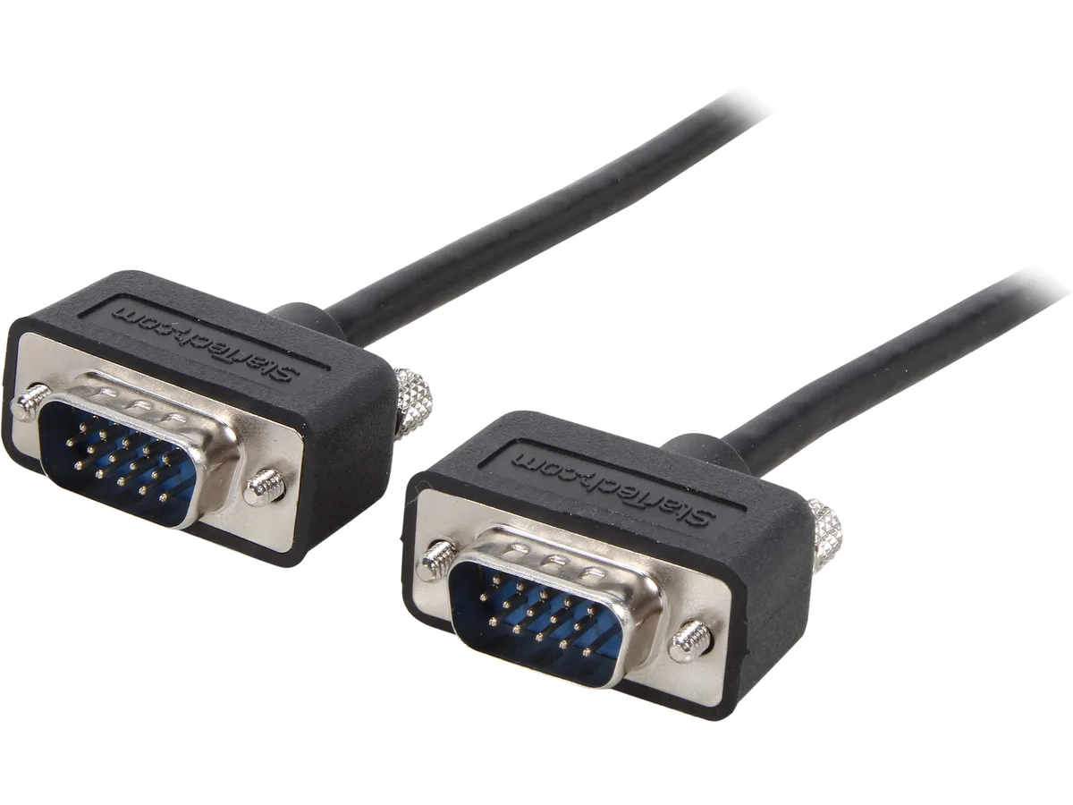Black low-profile VGA cable, male-to-male HD15 ends, six feet long