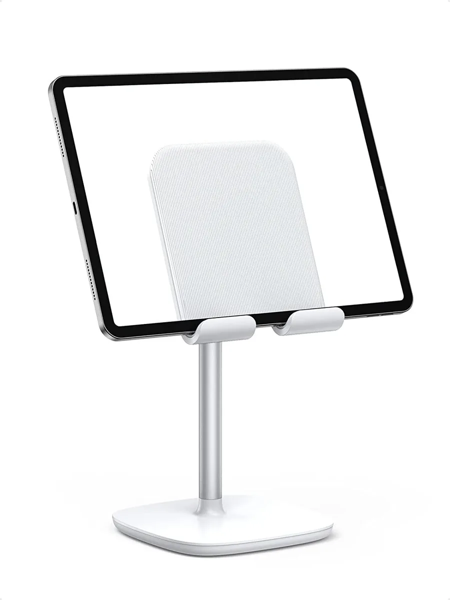 Adjustable aluminium tablet stand with silicone pads, 5 to 45 degree tilt