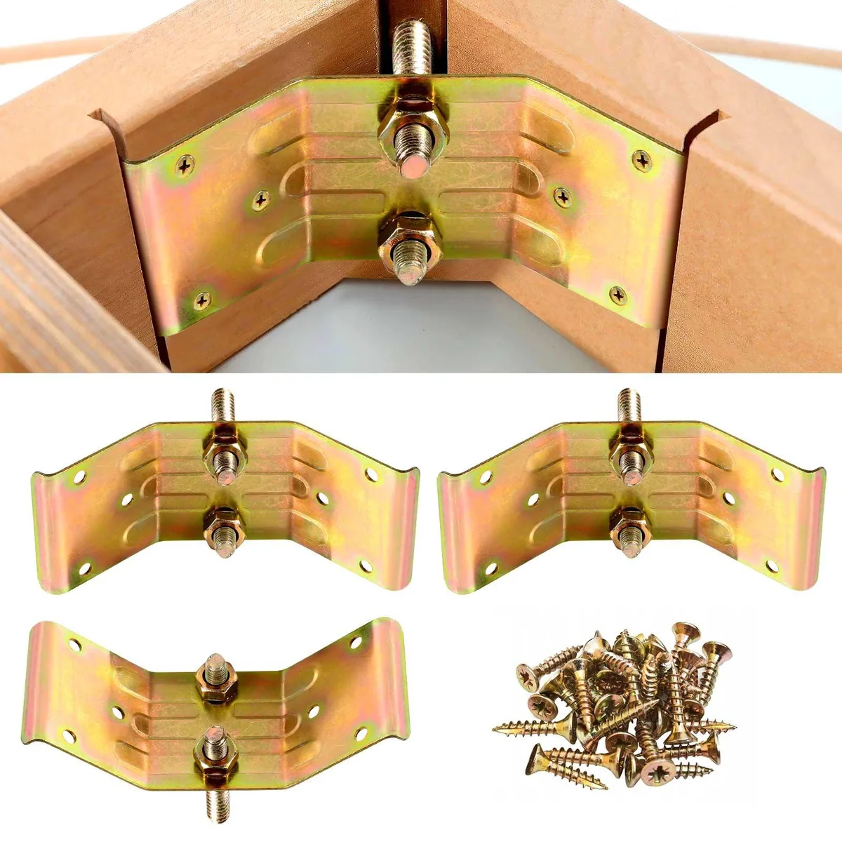 Four iron corner brackets with screws, 6.65 by 3 by 1.5 inches