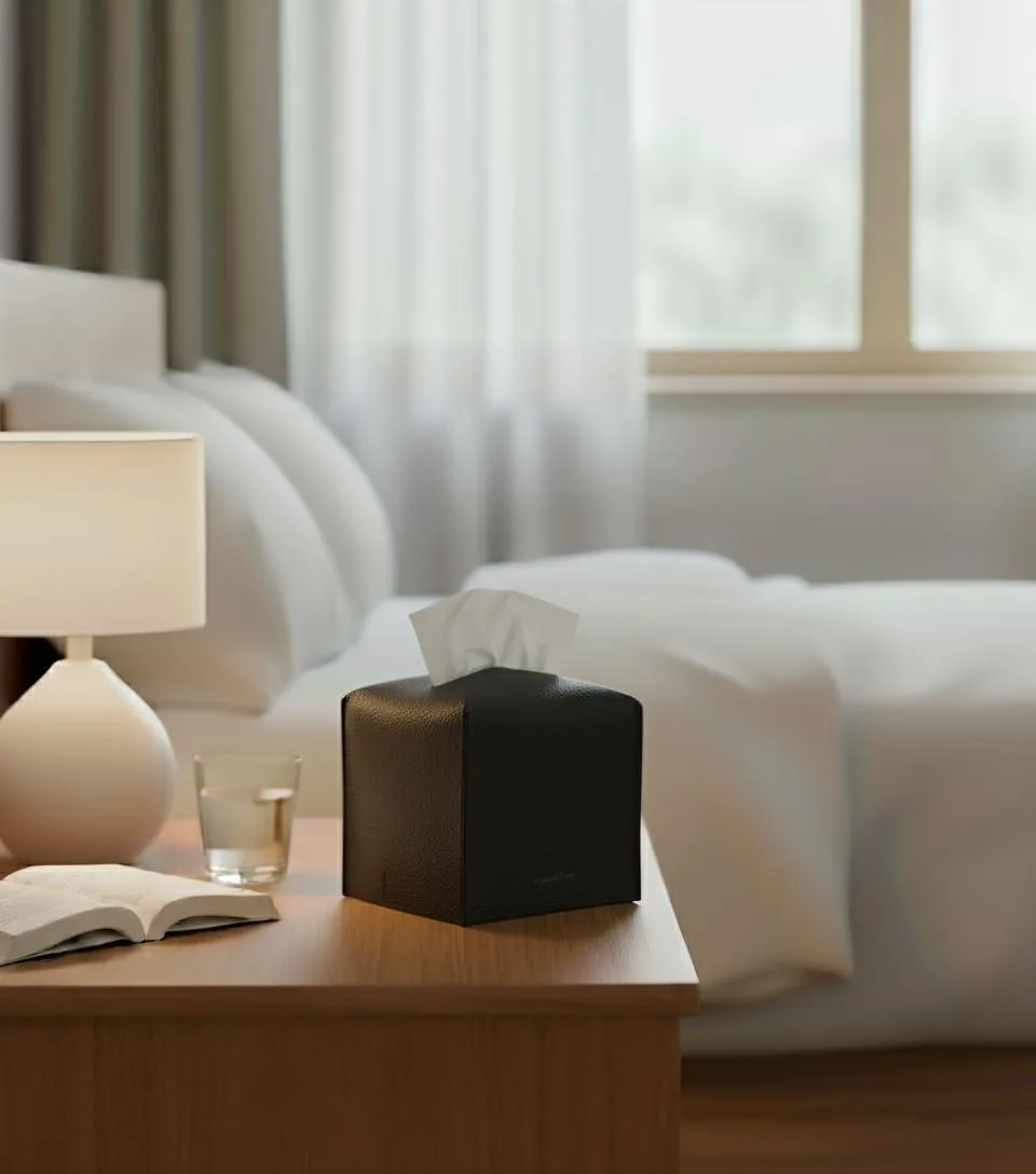Black vegan leather cube tissue box cover 5.25 in with hook-and-loop base