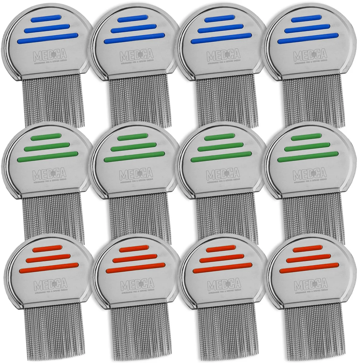 Twelve stainless steel lice combs with micro-grooved teeth, individually wrapped