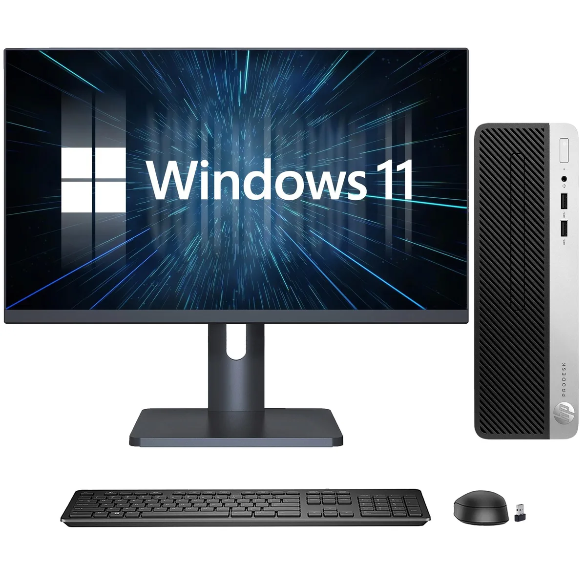 HP HP ProDesk 400 G5 SFF desktop PC, i3-8100 3.6 GHz, 8 GB DDR4, 256 GB SSD, 27" monitor, Windows 11 Pro — product photo
