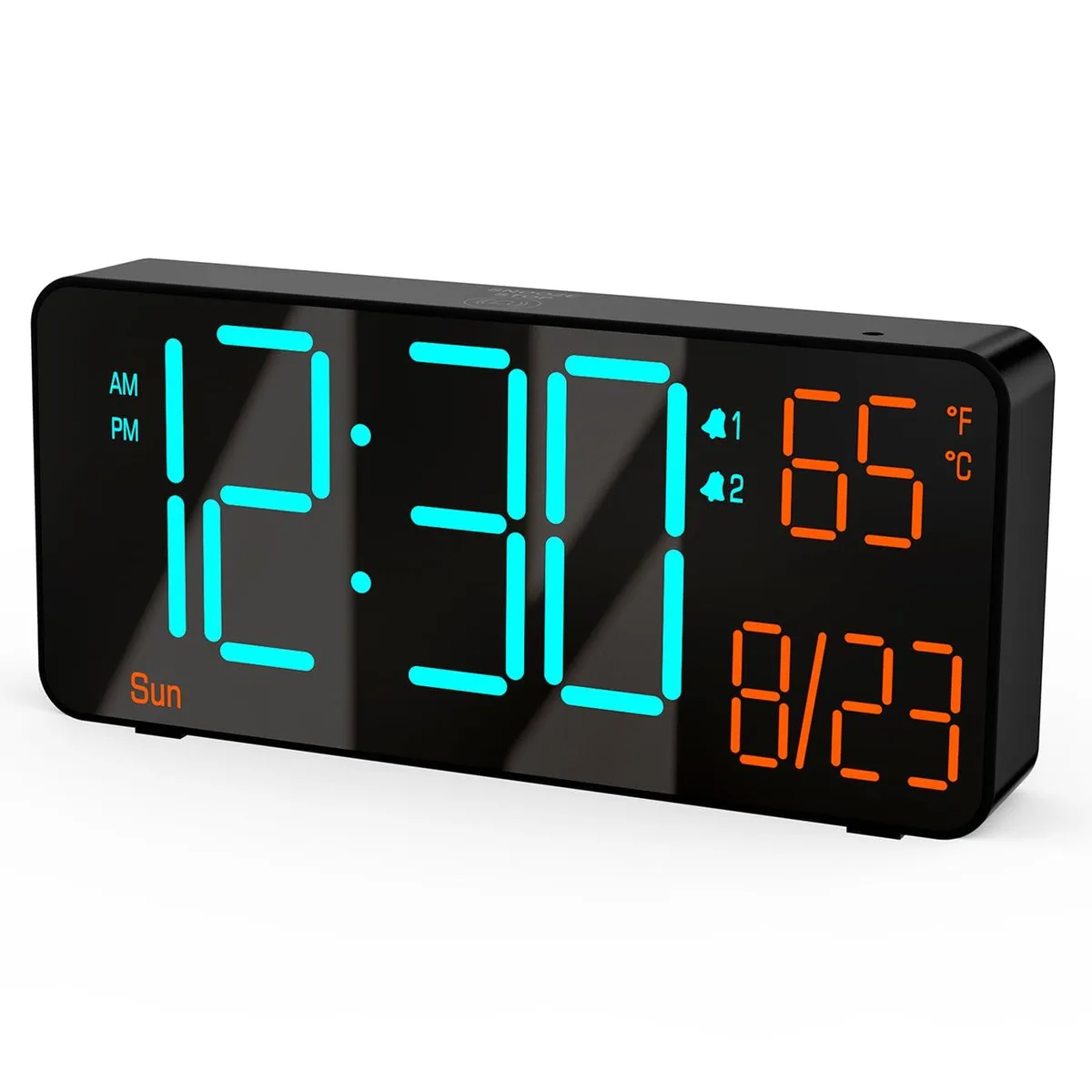 Black rectangular digital clock with blue and orange LED digits