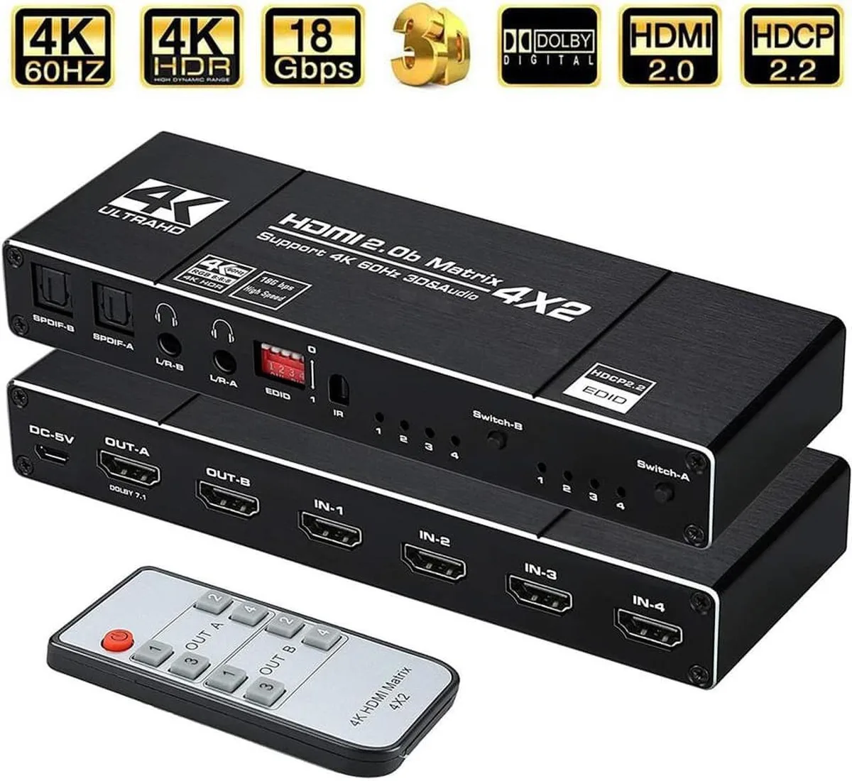 Vszerda Vszerda 4K 60Hz HDMI Matrix 4x2 Switch with SPDIF Audio — product photo