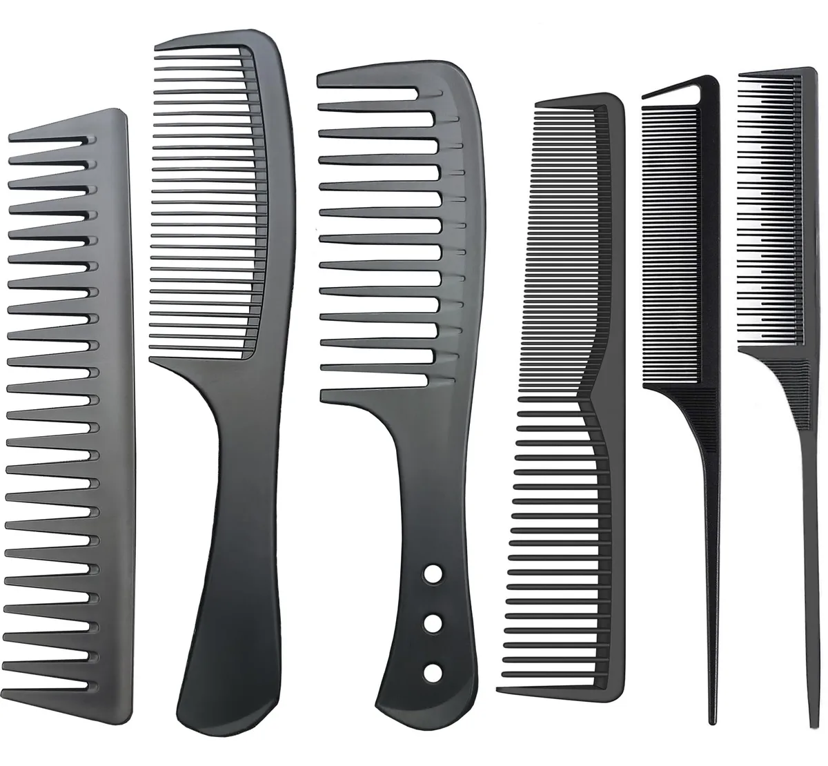 Six black carbon fibre combs in assorted tooth styles, lightweight with matte finish