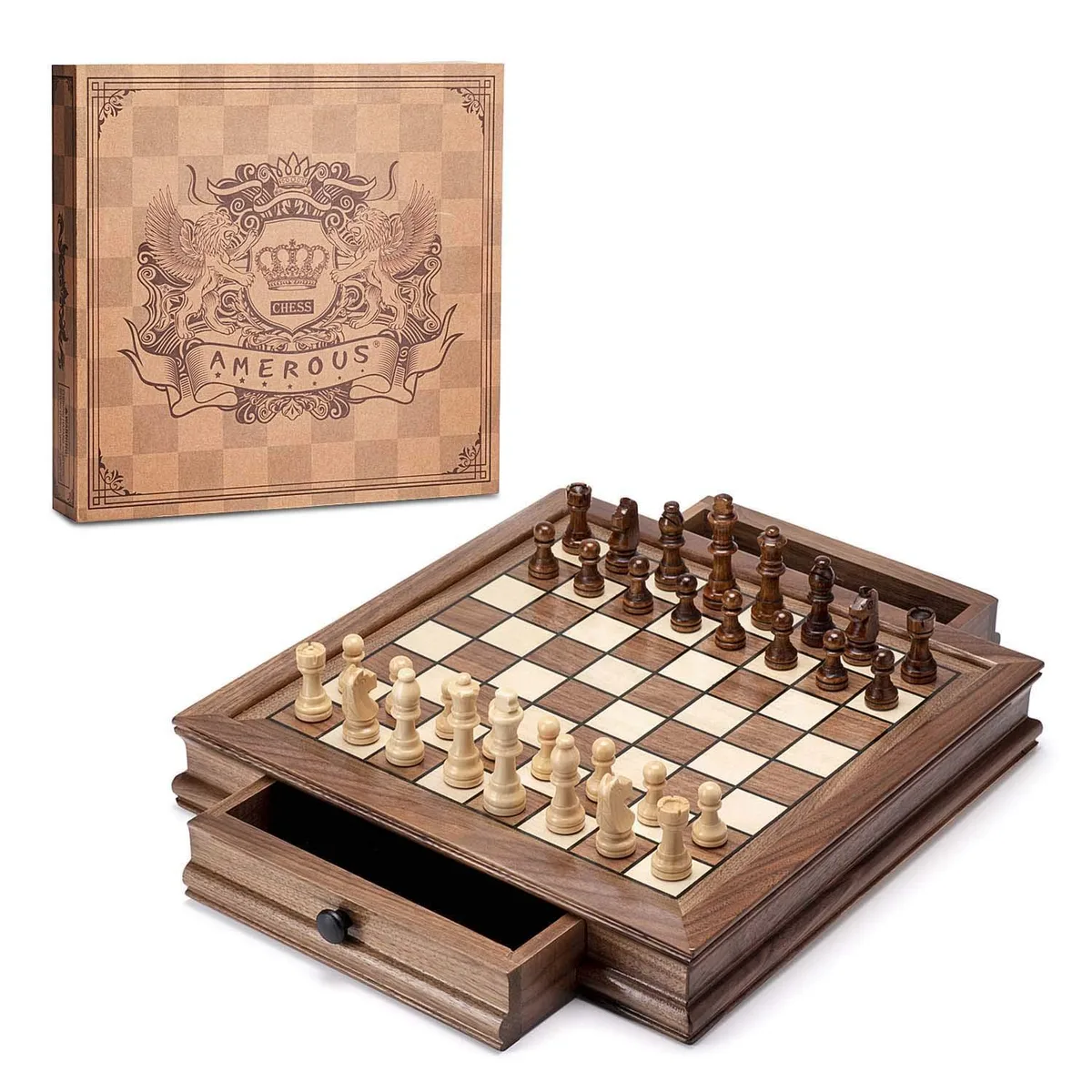Walnut wooden chess board with two built-in drawers and weighted magnetic pieces