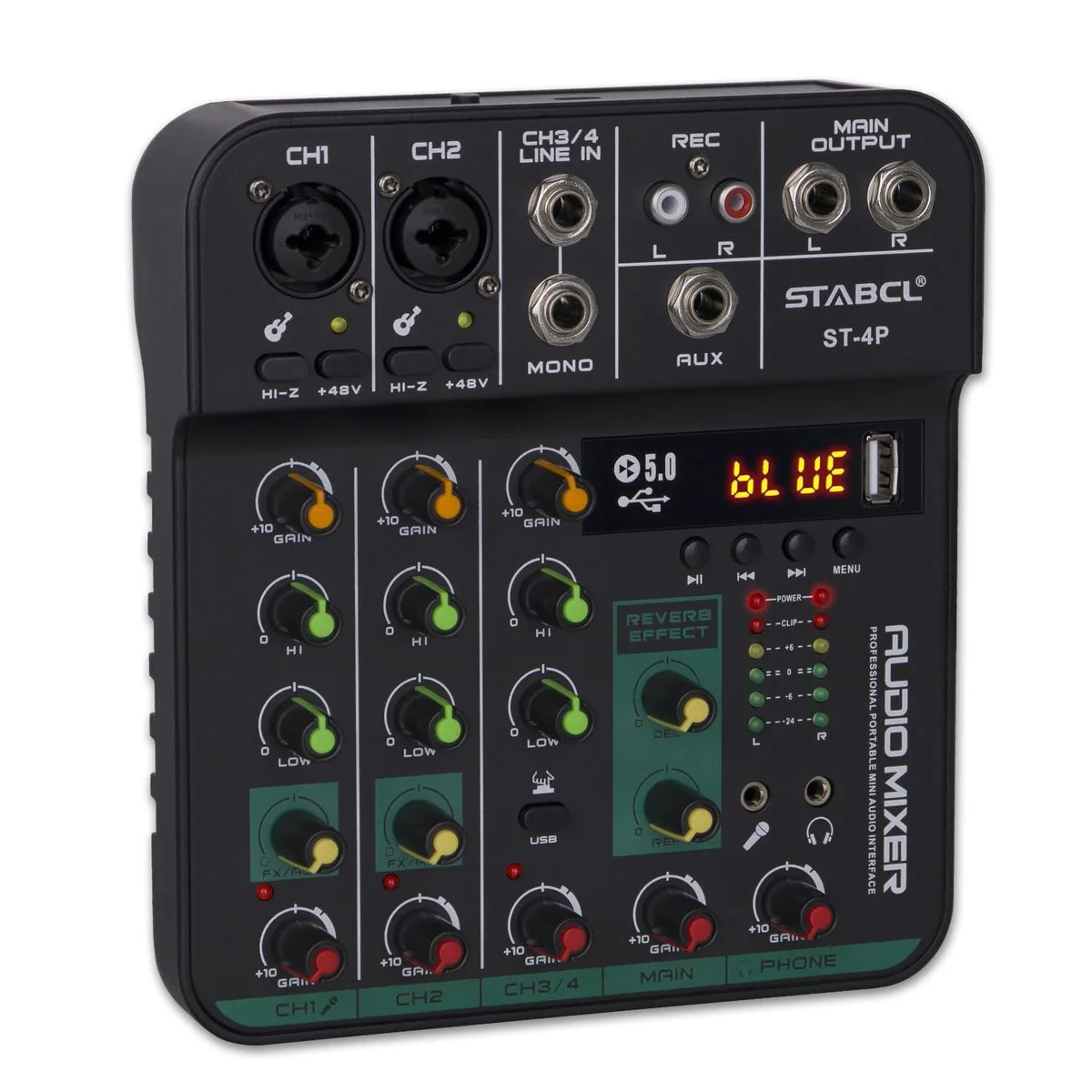  STABCL 4-Channel Audio Mixer with USB BT 48V Phantom Power — product photo